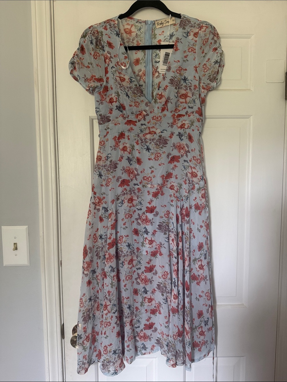 Rory Beca Pale Blue Floral V-Neck Midi Dress